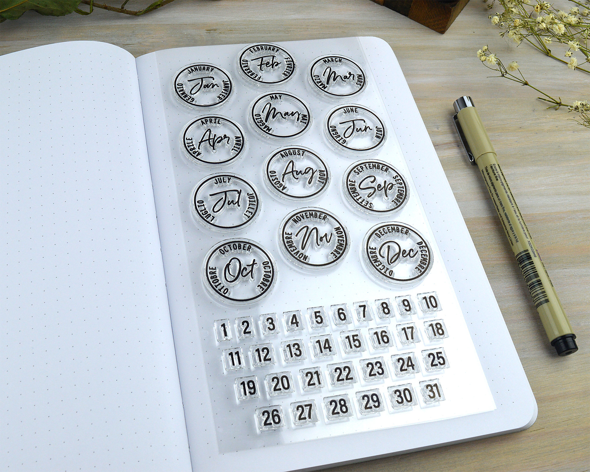 Journal Date Stamps, Clear Planner Stamps, Months Year Calendar Stamp Set -  Printed Heron
